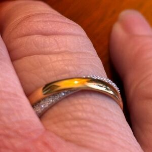 Gold and Silver Two-Tone Crisscross Band Ring - natural diamonds